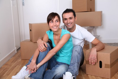 Office removals process in a busy Canary Wharf commercial district