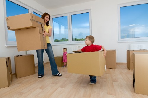 Local van ready for furniture pick-up near Canary Wharf office towers
