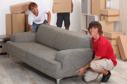 Removal team preparing a move in a Canary Wharf apartment building