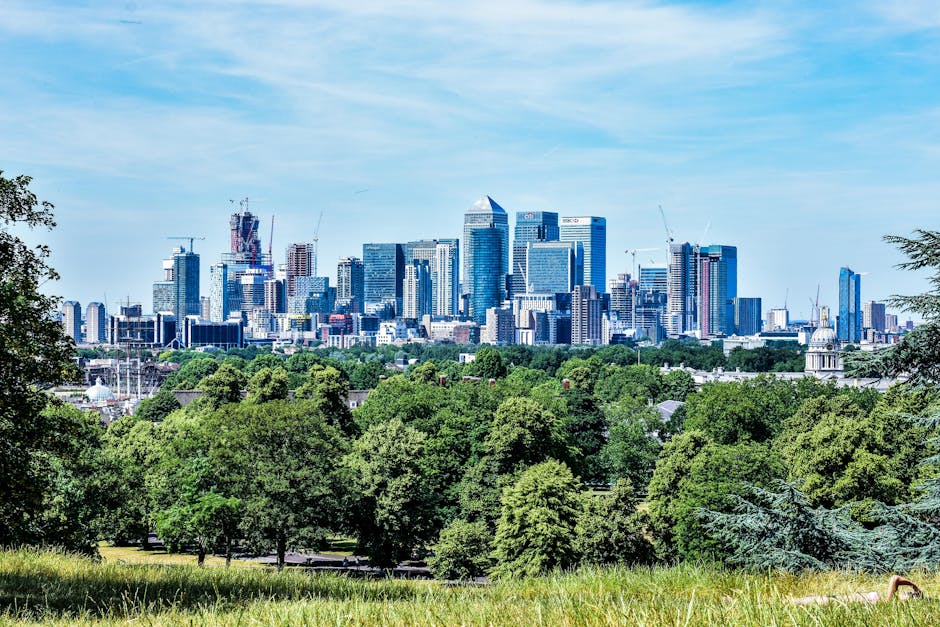 A wide view of a city skyline featuring numerous modern high-rise office buildings with glass facades, some under construction with cranes visible, set against a bright blue sky with scattered clouds. In the foreground, a lush green park with well-maintained trees and grass provides a natural contrast to the urban environment. The image depicts an area associated with house removals and home relocation services in Canary Wharf, with the cityscape illustrating the type of buildings that might be involved in furniture transport and packing during a move. The scene is well-lit with natural daylight, emphasizing the clarity of the urban and natural elements, supporting the context of professional removals in the Canary Wharf E14 area.